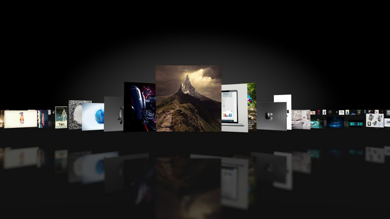 Random Images in an Apple Cover Flow layout on a black reflective floor