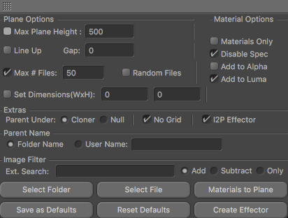 Cinema 4D Image 2 Plane Plugin User Interface