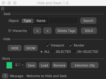 Hide and Seek Plugin User Interface within Cinema 4D