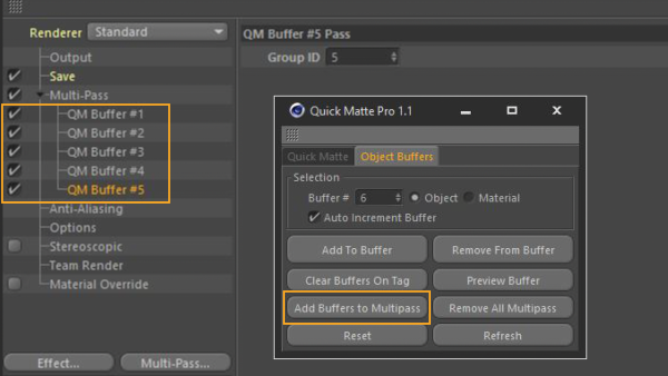 Image with multipass buffers added to the Cinema 4D render settings