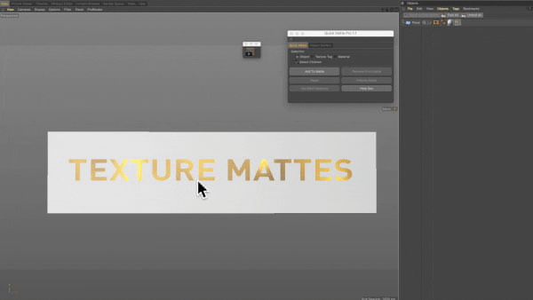 Cinema 4D viewport showing Quick Matte Pro Matting Textures with Alphas