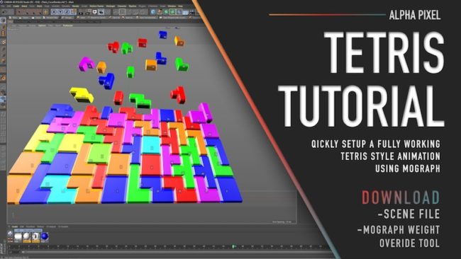 Cinema 4D viewport showing multicolored tetris bricks