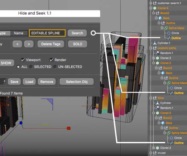 Cinema 4D Hide and Seek Plugin Object Search Example