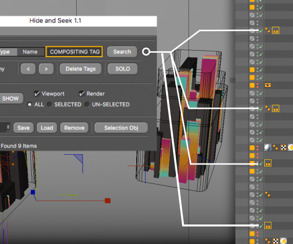 Cinema 4D Hide and seek plugin Tag Search Example