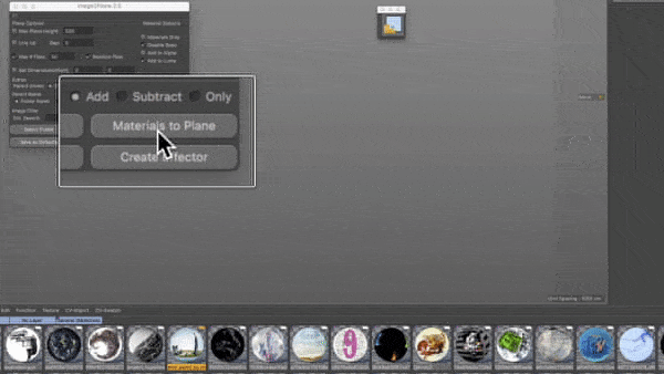 Cinema 4D interface showing importing of scene materials into planes
