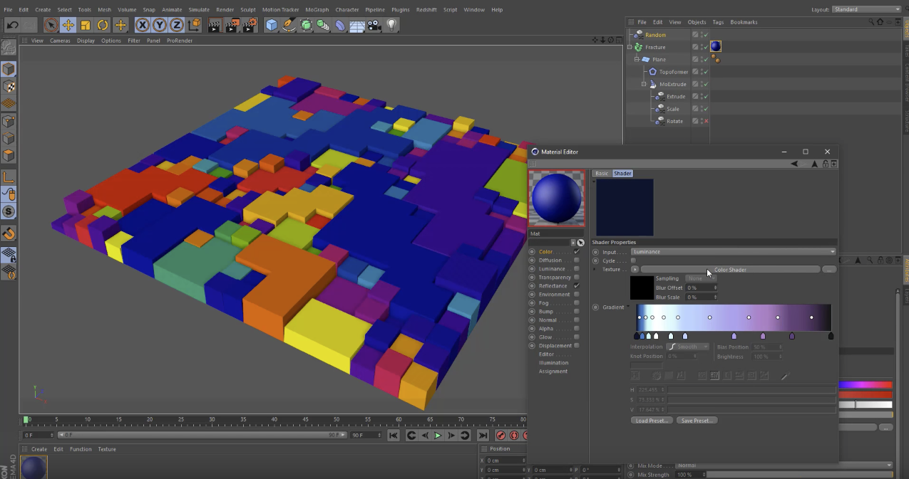 Cinema 4D Viewport showing fragmented topology being colored randomly withe the Color Shader