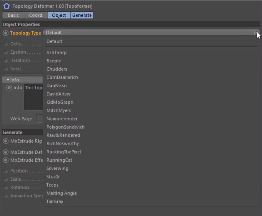 Topoformer Generator Plugin User Interface For Cinema 4D by Merk